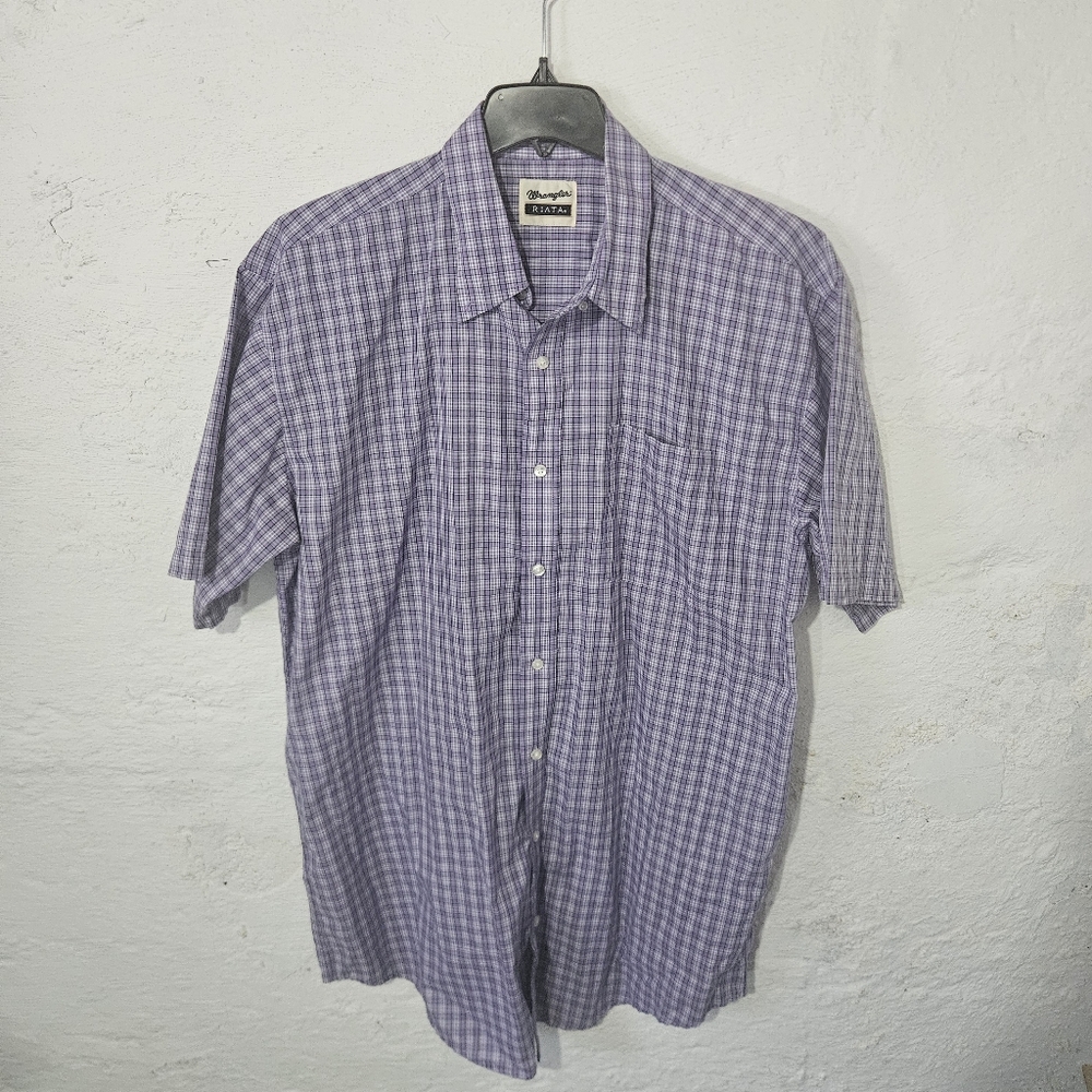 Wrangler Riata Mens 2XLT Plaid Short Sleeve Button Up Western Shirt Purple Tall